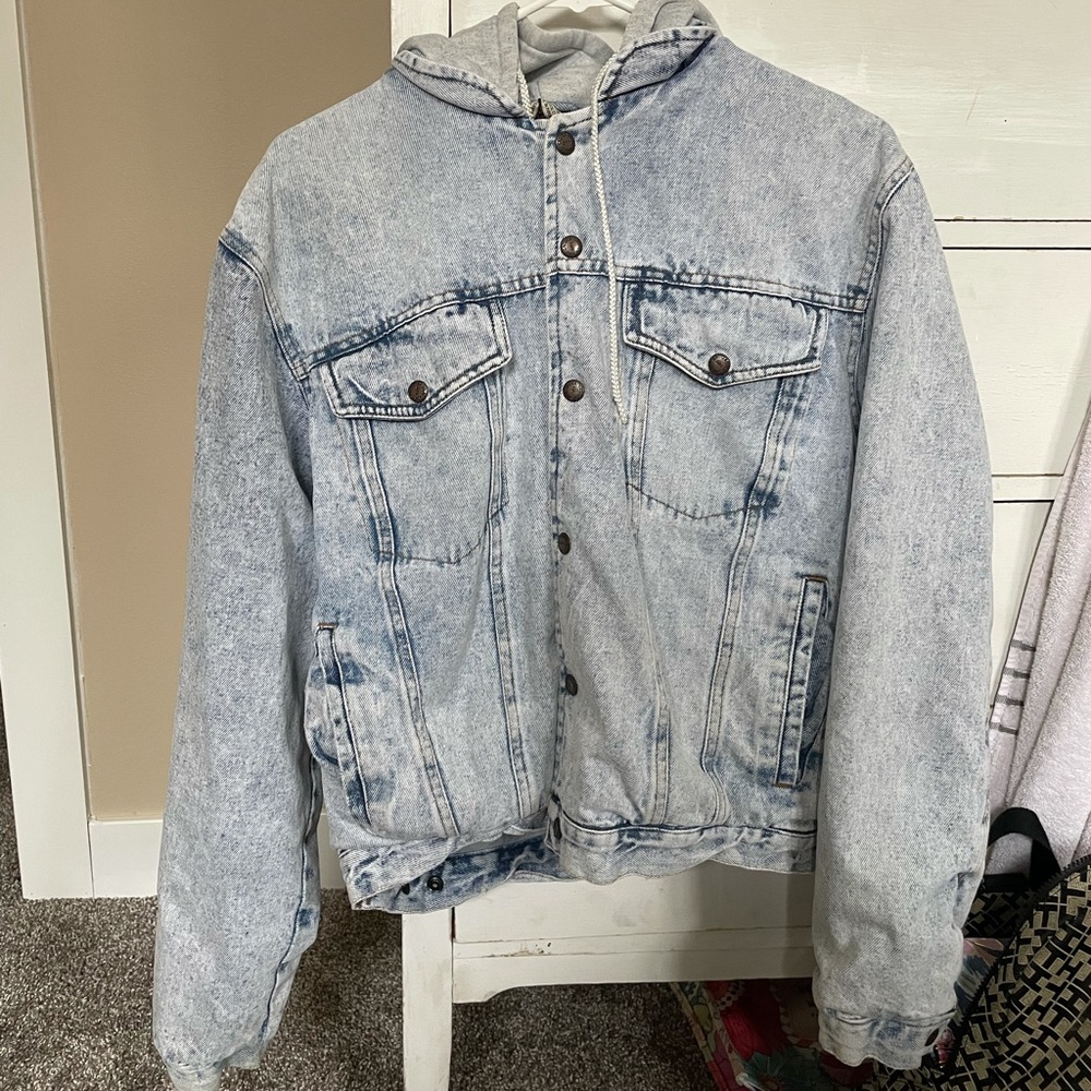 Acid wash hooded denim jacket